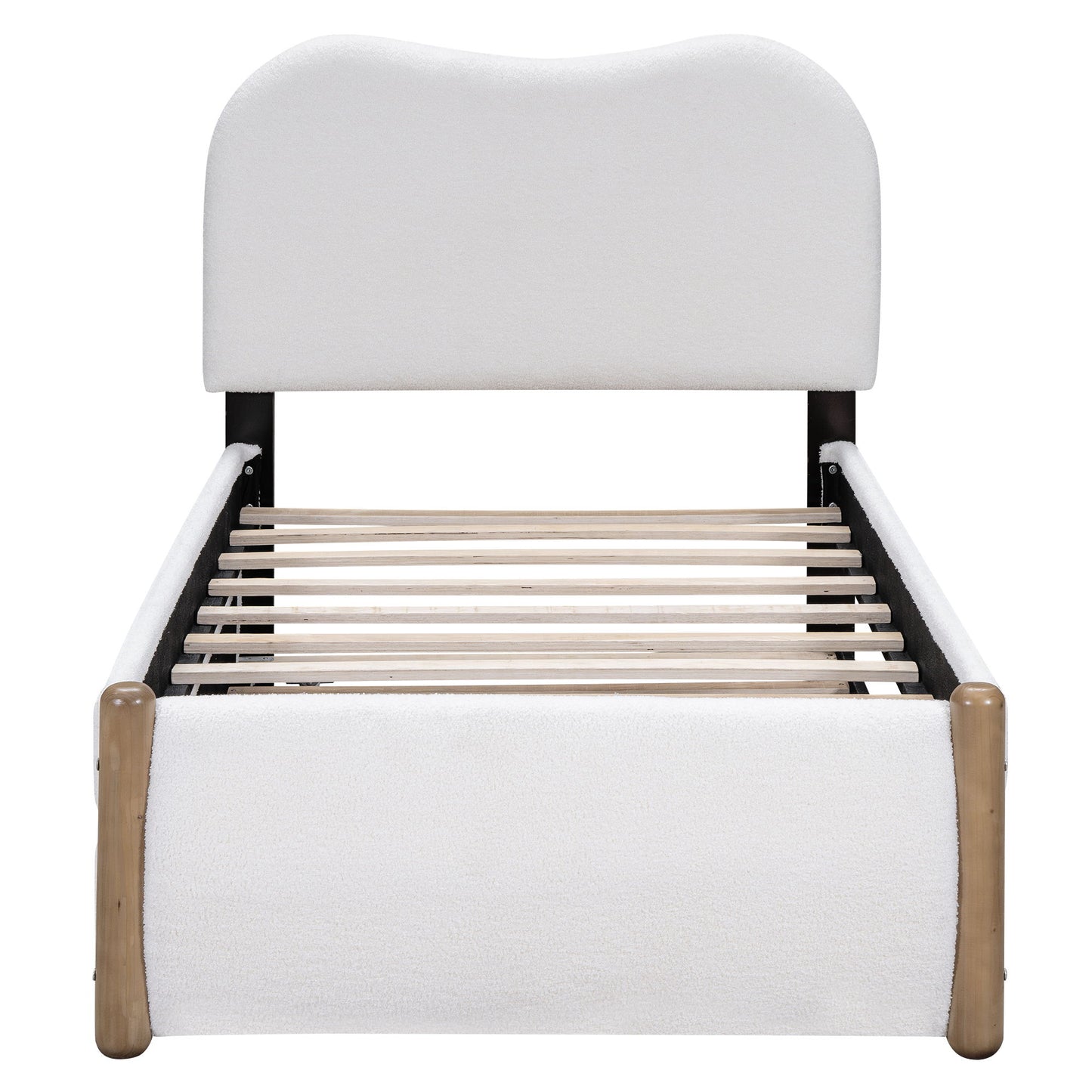 Upholstered Platform Bed With Wood Supporting Feet And Trundle