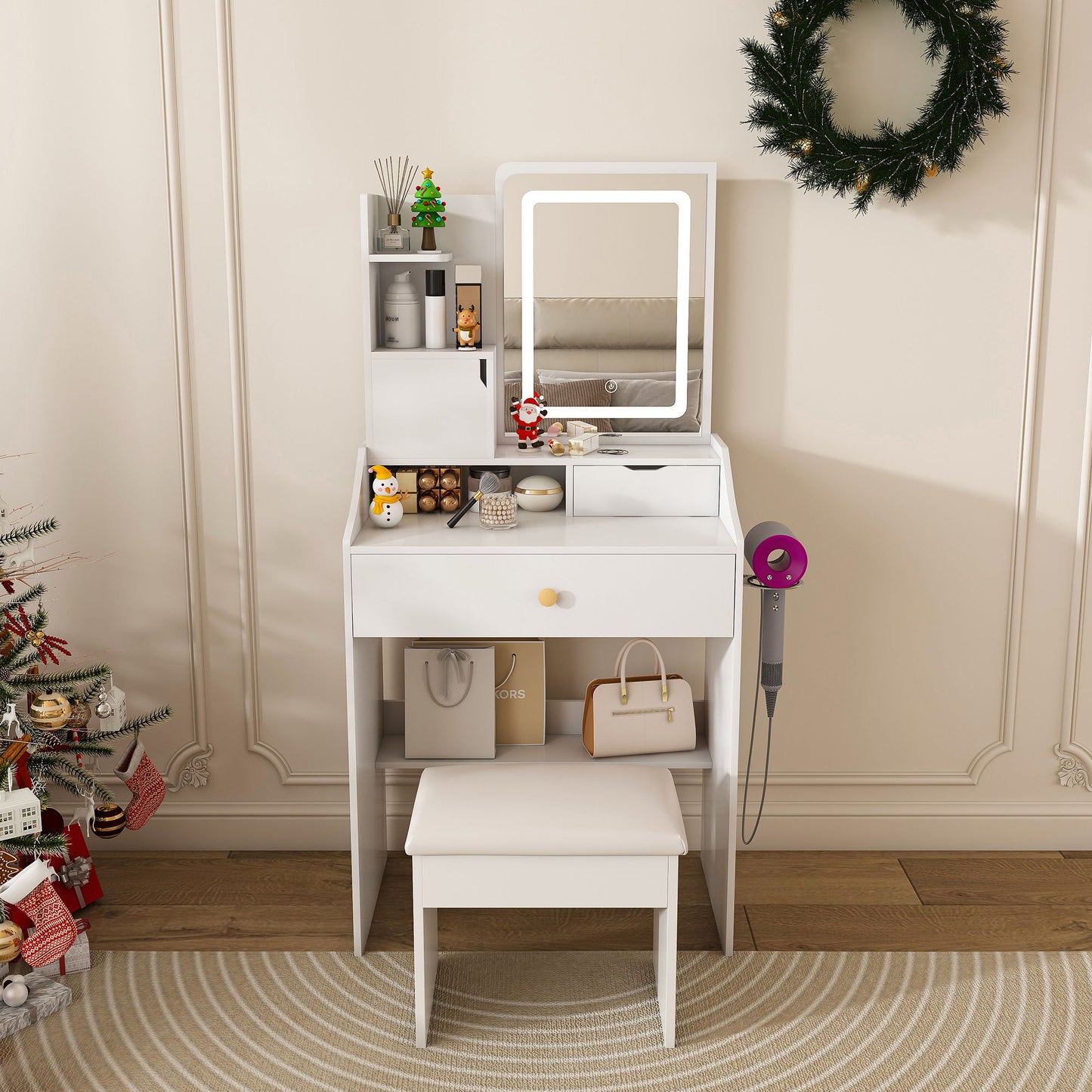 LED Vanity Mirror With Stool, 2 Drawers & 5 Storage Cabinets, Adjustable Lighting Mdf Dressing Table For Bedroom - White
