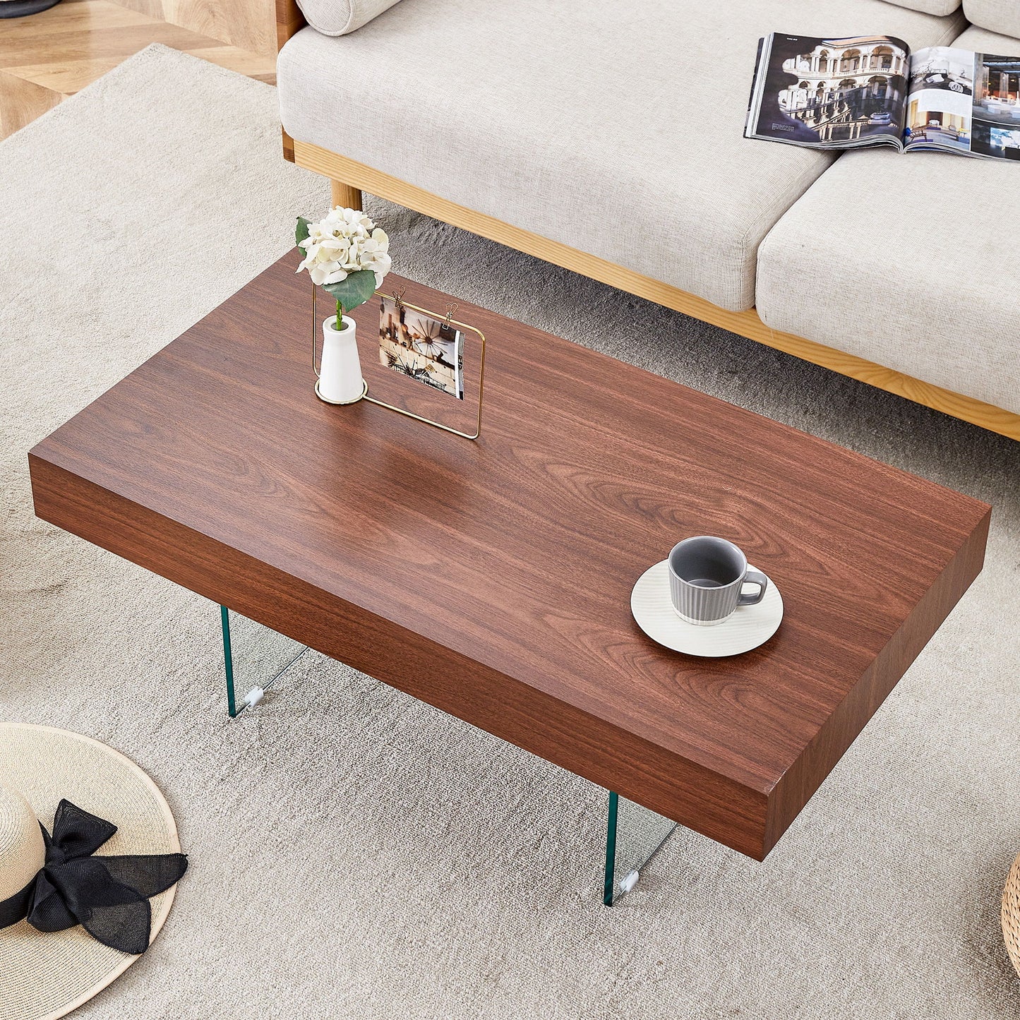 Natural Style Coffee Table With Glass Legs - Wood Grain Texture