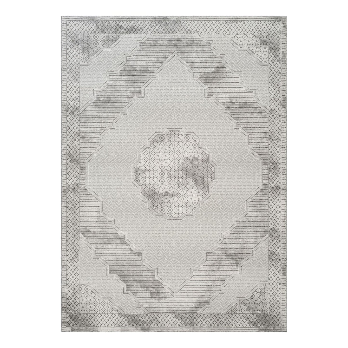 Geometrix - 5'3" X 7'3" Medallion Area Rug With Geometric 3D Effect - Ivory / Gray