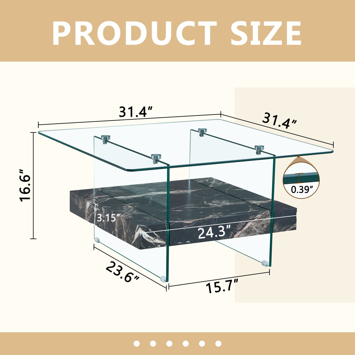 Modern 2 Tier Square Coffee Table, Elegant Marble Pattern