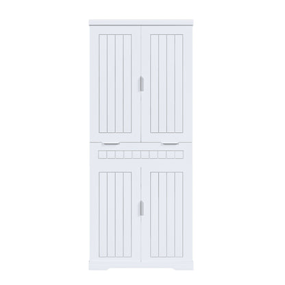 Farmhouse Style Pantry Cabinet With Drawer 2 Cabinets & 6 Door Shelves Adjustable Shelves Freestanding Cupboard - White