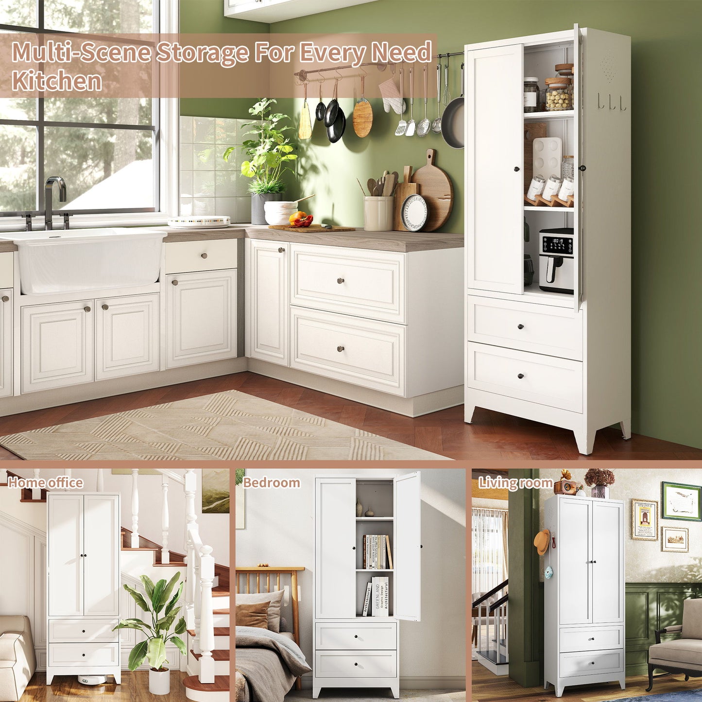 Pantry Cabinet With 2 Drawers, Freestanding Kitchen Storage Cabinet With Adjustable Shelves, Heavy-Duty Organizer For Spices, Dishware, Small Appliances - White