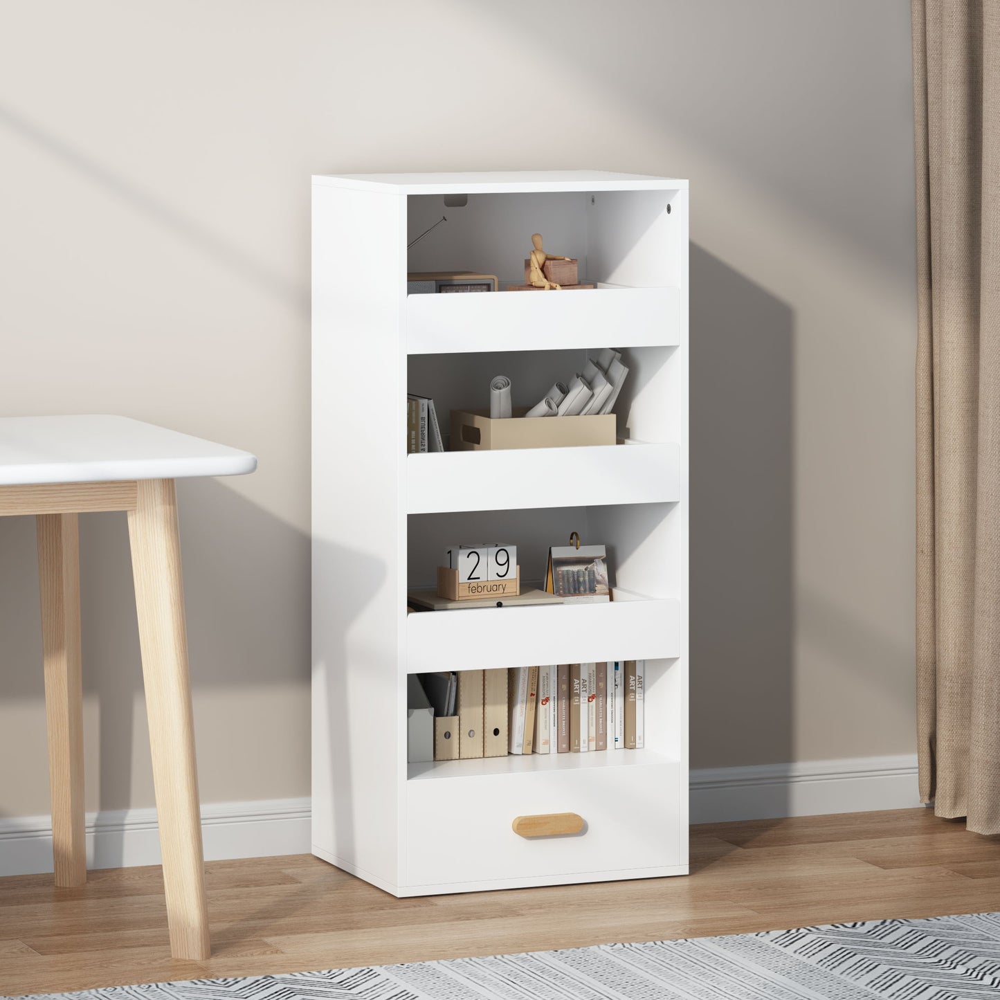 4 Tier Freestanding Bookshelf With 3 Sliding Drawers And 1 Bottom Drawer - White