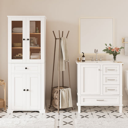 Bathroom Vanity & Tall Storage Cabinet Set With Doors, Adjustable Shelves, Soft Close Hinges, Sink