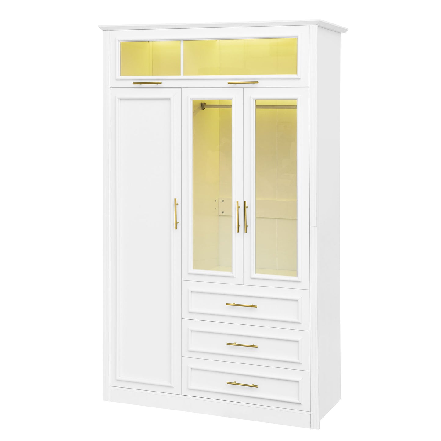 3 Door Wardrobe Armoire With LED Lighting And 3 Drawers - White