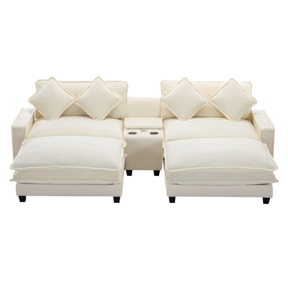 Sectional Sofa Chenille Upholstered Sofa With Two Removable Ottoman, Two USB Ports, Two Cup Holders And Large Storage Box For Living Room