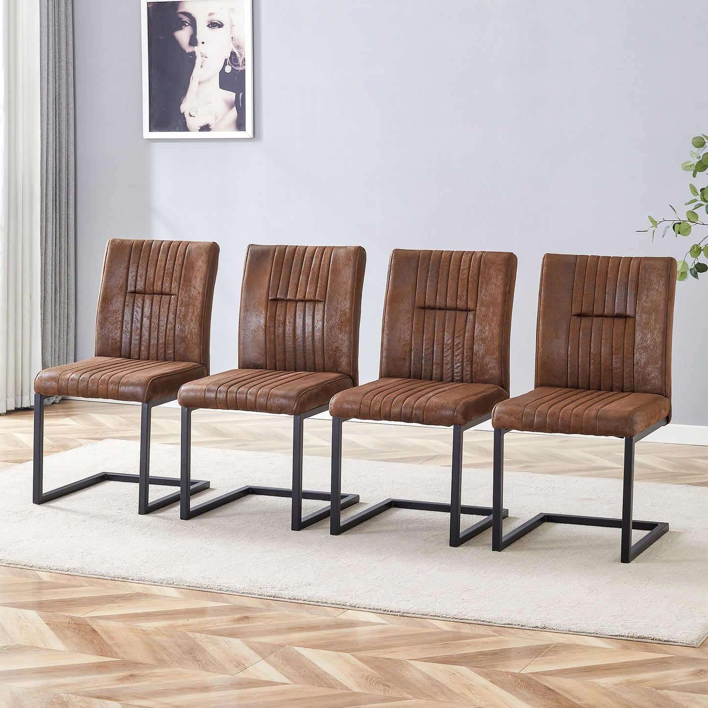 Ergonomic Technology Fabric Dining Chairs With Black Metal Legs, Comfortably Simple Design, (Set of 4) - Brown