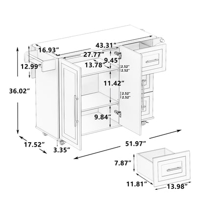Kitchen Island Cart With 2 Door Cabinet, 3 Drawers, Spice Rack & Towel Rack - White