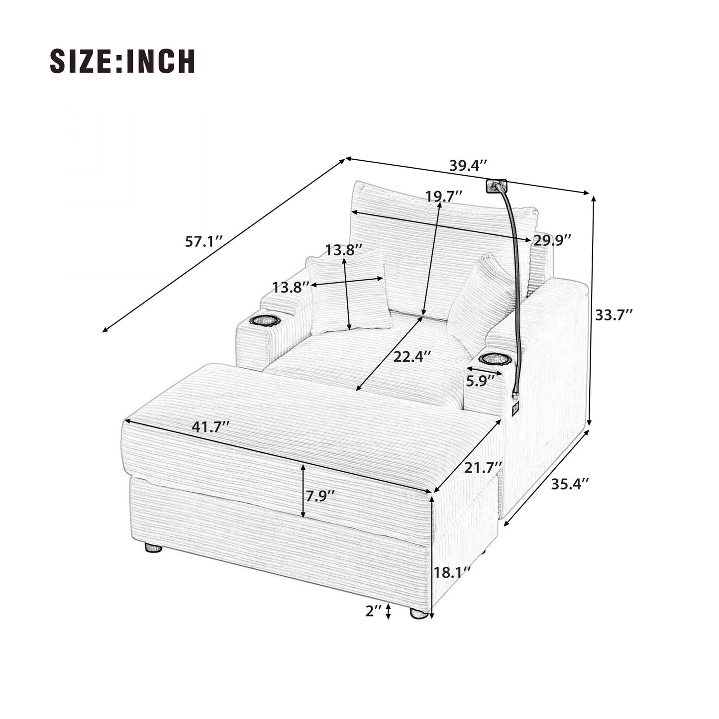 Single Sofa Couch With Storage Space, Movable Ottoman, USB Ports, Cup Holders, Phone Holder