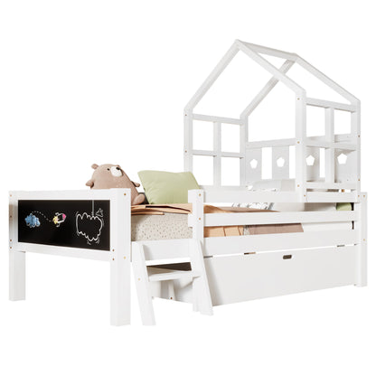 House Bed With Ladder And Storage Drawers Platform With Blackboard, No Box Spring