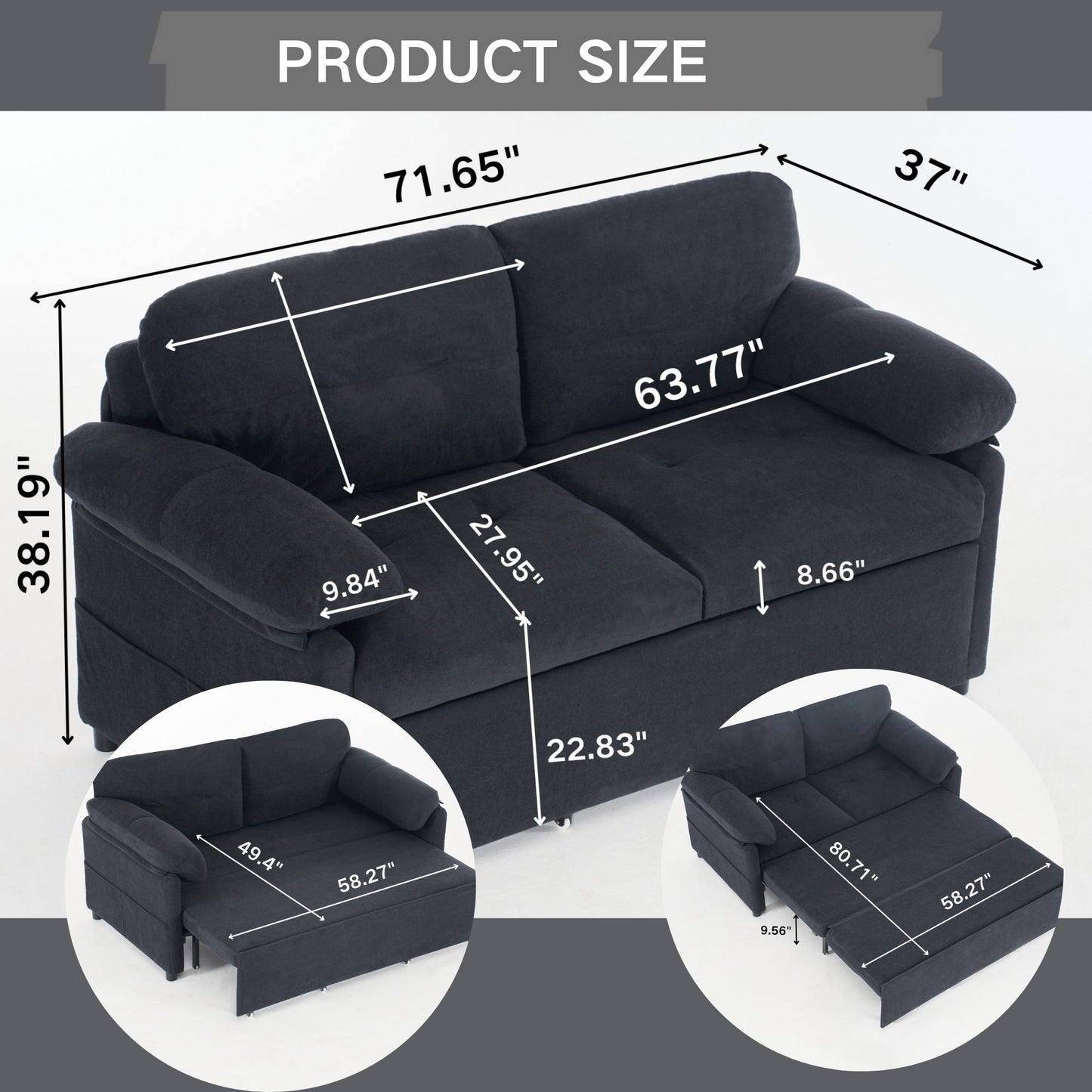 Convertible Pull Out Sofa Bed Queen Size, 3 In 1 With Side Storage