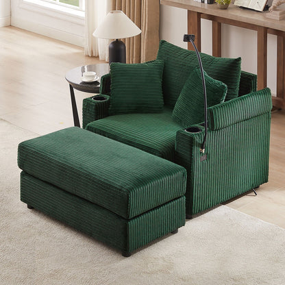 Single Sofa Couch With Storage Space, Movable Ottoman, USB Ports, Cup Holders, Phone Holder
