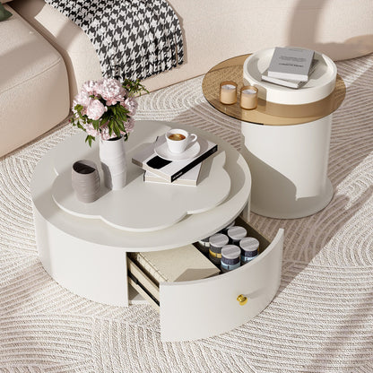 Modern Round Coffee Table (Set of 2), 360 Degree Rotatable Flower Shaped Top With 2 Drawers, Top Circle Side Table End Table With Glass For Living Room - Off White