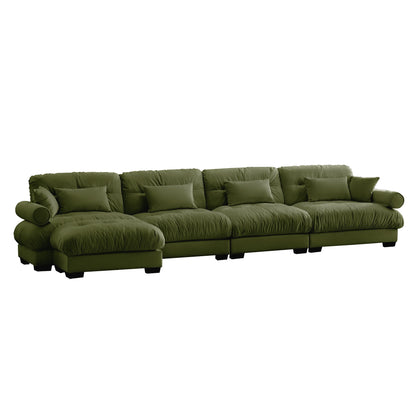 Modern Sectional Sofa With Ottoman, Round Bolster Armrests, Waist And Throw Pillows