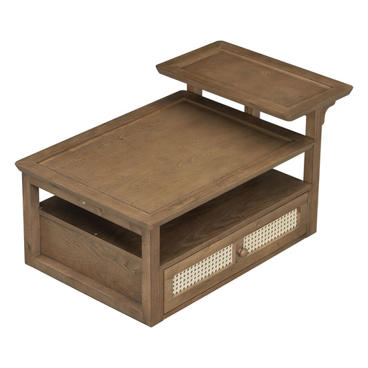 Coffee Table With 1 Storage Shelf, 2 Tabletops And 1 Rattan Drawer