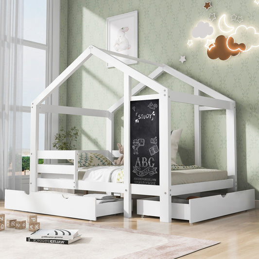 Twin House Bed With Blackboard And Drawers, 2 Assembly Options - White