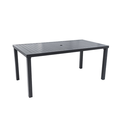 Modern Rectangular Outdoor Patio Dining Table With Post Leg Design, Rust Free & Weather Resistant, Adjustable Foot Pads, Umbrella Hole With Matching Cover - Ember Black