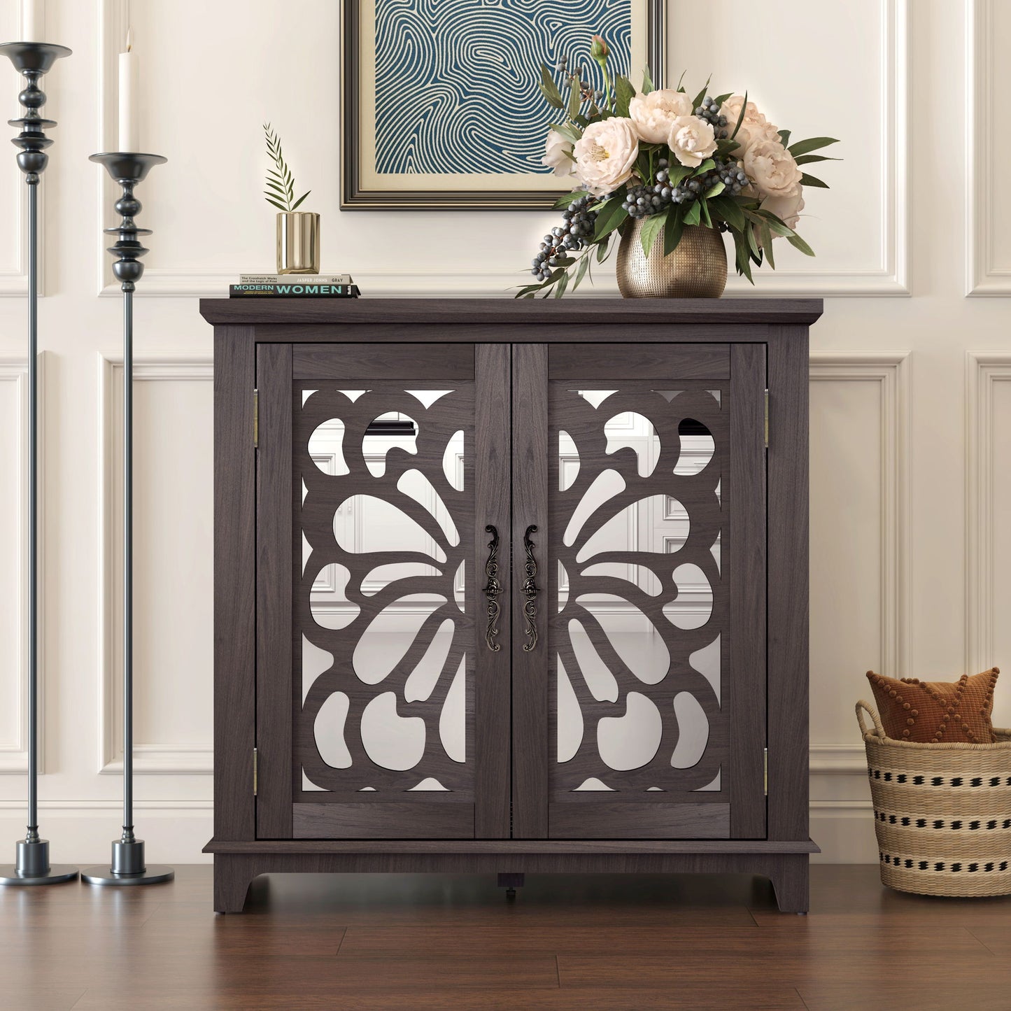 Elegant Sideboard With 2 Acrylic Mirrored Doors, Adjustable Shelf Storage