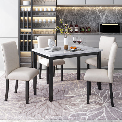 5 Piece Dining Set Table With 4 Thicken Cushion Dining Chairs - White / Beige / Black
