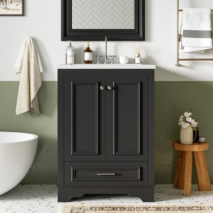 Bathroom Vanity With Ceramic Sink Combo, Modern Freestanding Storage Cabinet With Silver Handles