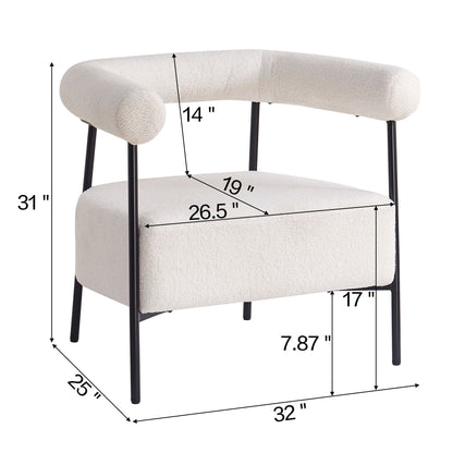 Modern Boucle Fabric Upholstered Accent Chair, Curved Armchair With Metal Frame - White