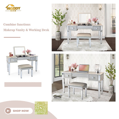 Mirrored Vanity Desk With Drawers And Stool, Flip Up Dressing Table Set For Makeup Room