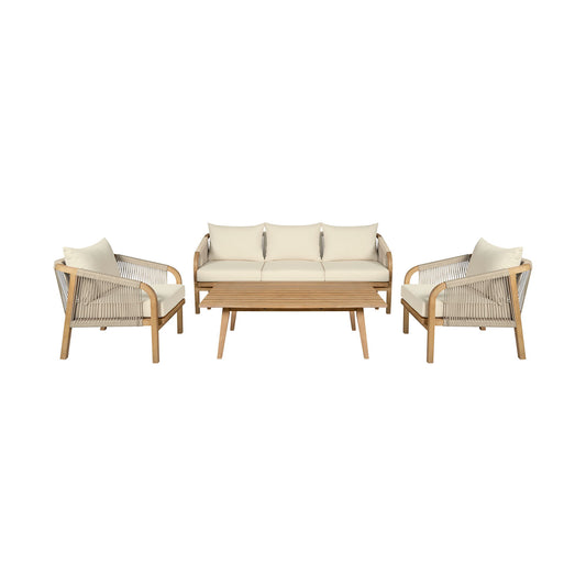 Cypress - 4 Piece Outdoor Patio Conversation Set - Blonde Eucalyptus / Ivory