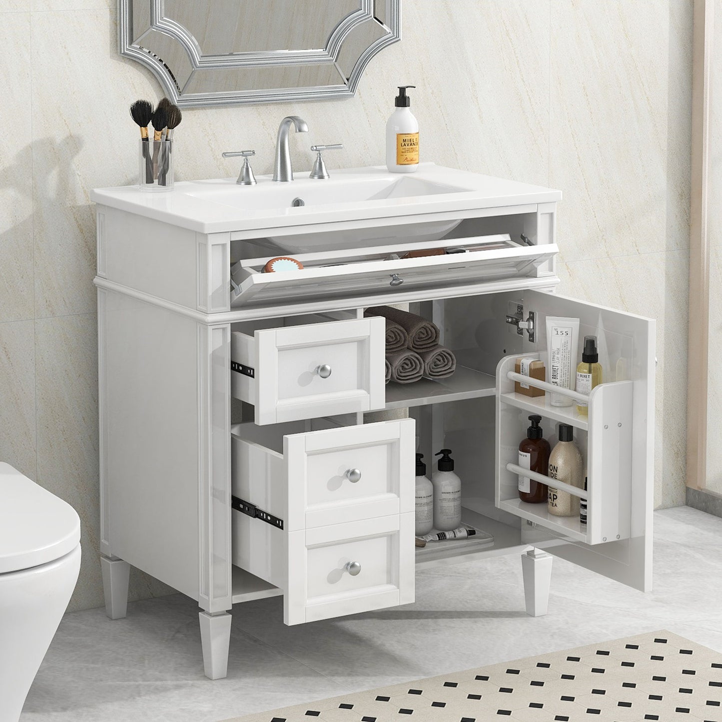 Bathroom Vanity With Top Sink, Modern Bathroom Storage Cabinet With 2 Drawers And A Tip-Out Drawer
