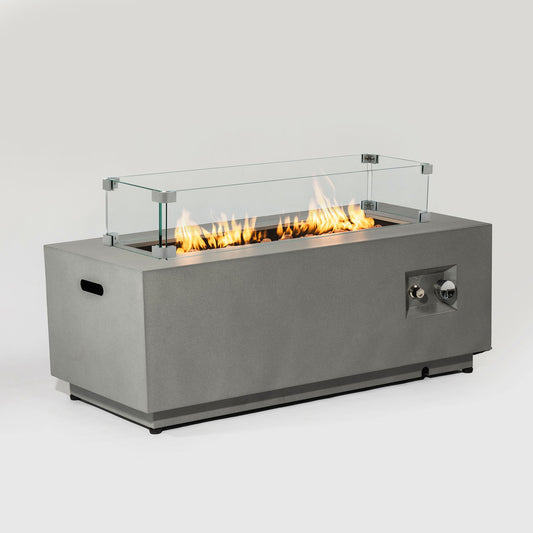 42" Propane Gas Fire Pit Table, 50000 Btu Rectangular Steel Fire Pit With Glass Wind Guard For Outside Patio Deck Garden Courtyard - Gray