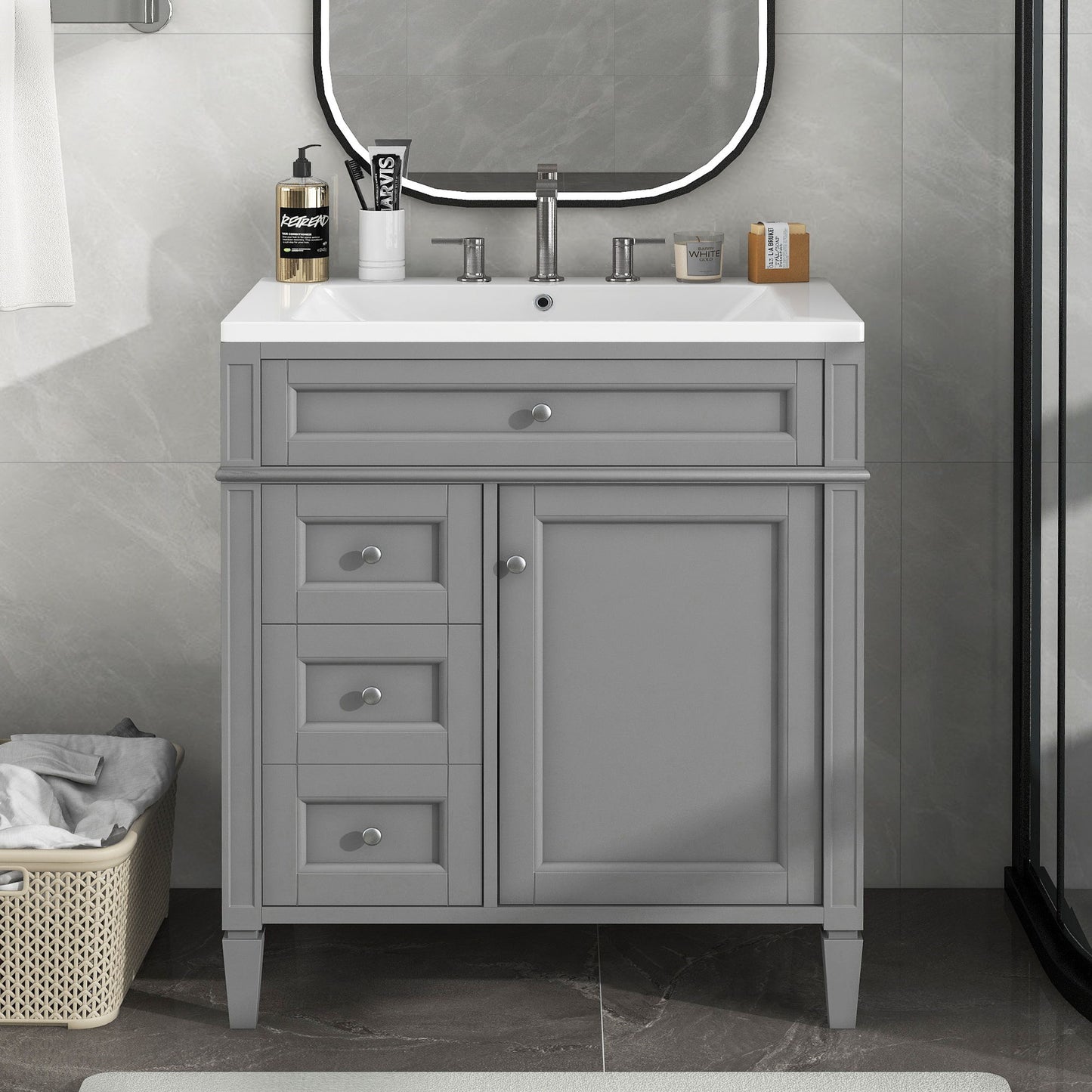Bathroom Vanity With Top Sink, 2 Drawers And Tip Out Drawer, Rectangular Design