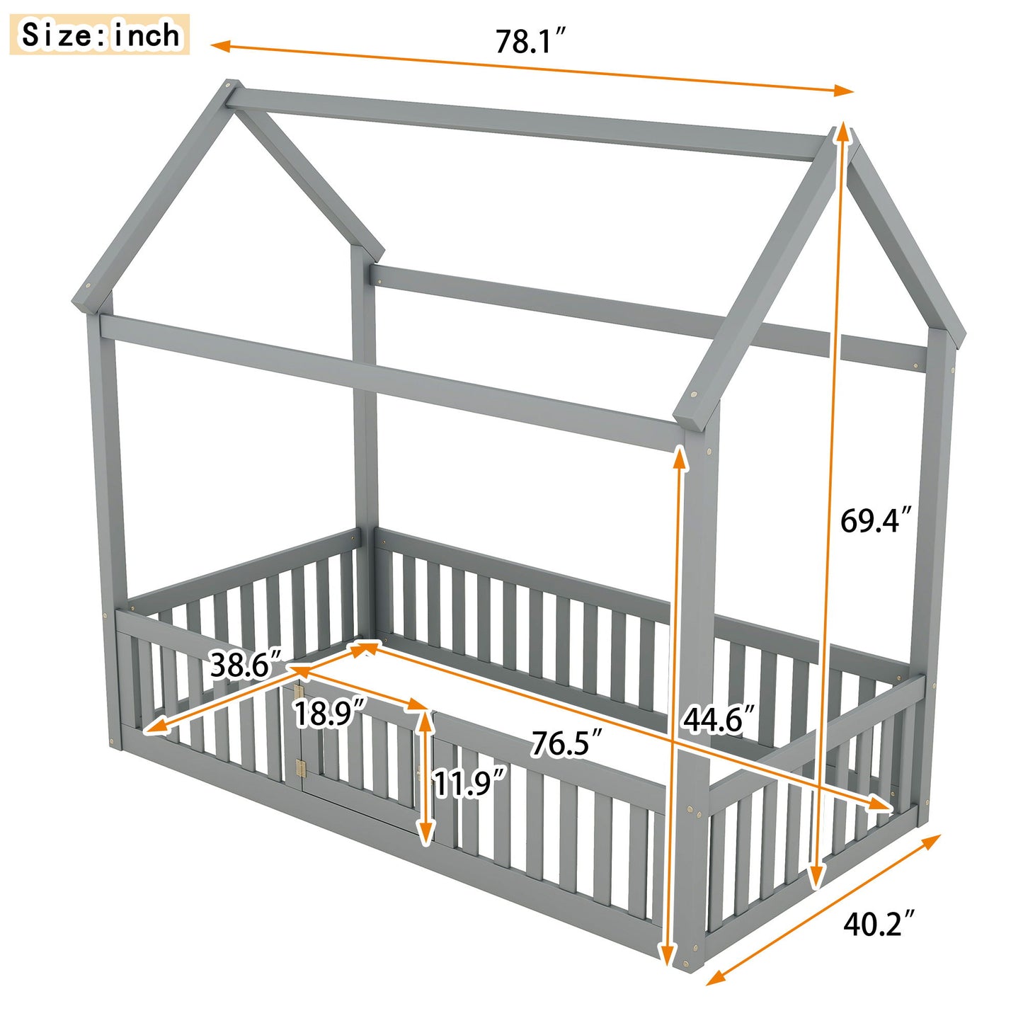 Wood House Bed With Fence And Door