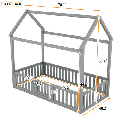 Wood House Bed With Fence And Door