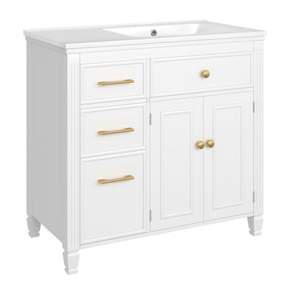 Modern Bathroom Vanity With Ceramic Sink, Freestanding, One Tip Out Drawer, 3 Side Drawers, Adjustable Shelf