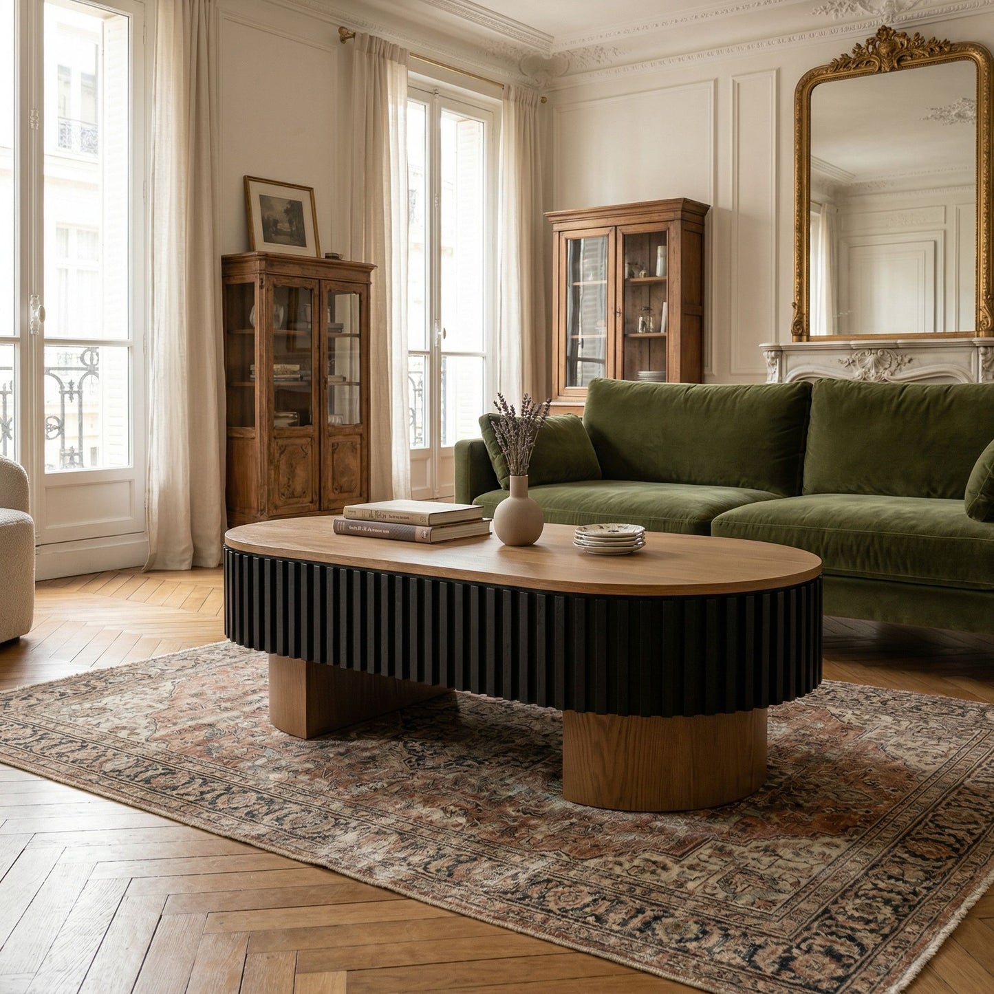 Elliptical Living Room Coffee Table With Hidden Storage And Removable Tabletop