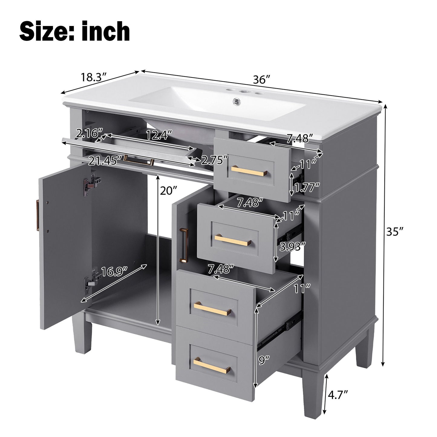 Modern Bathroom Vanity With Ceramic Sink, Soft Close Storage Cabinet