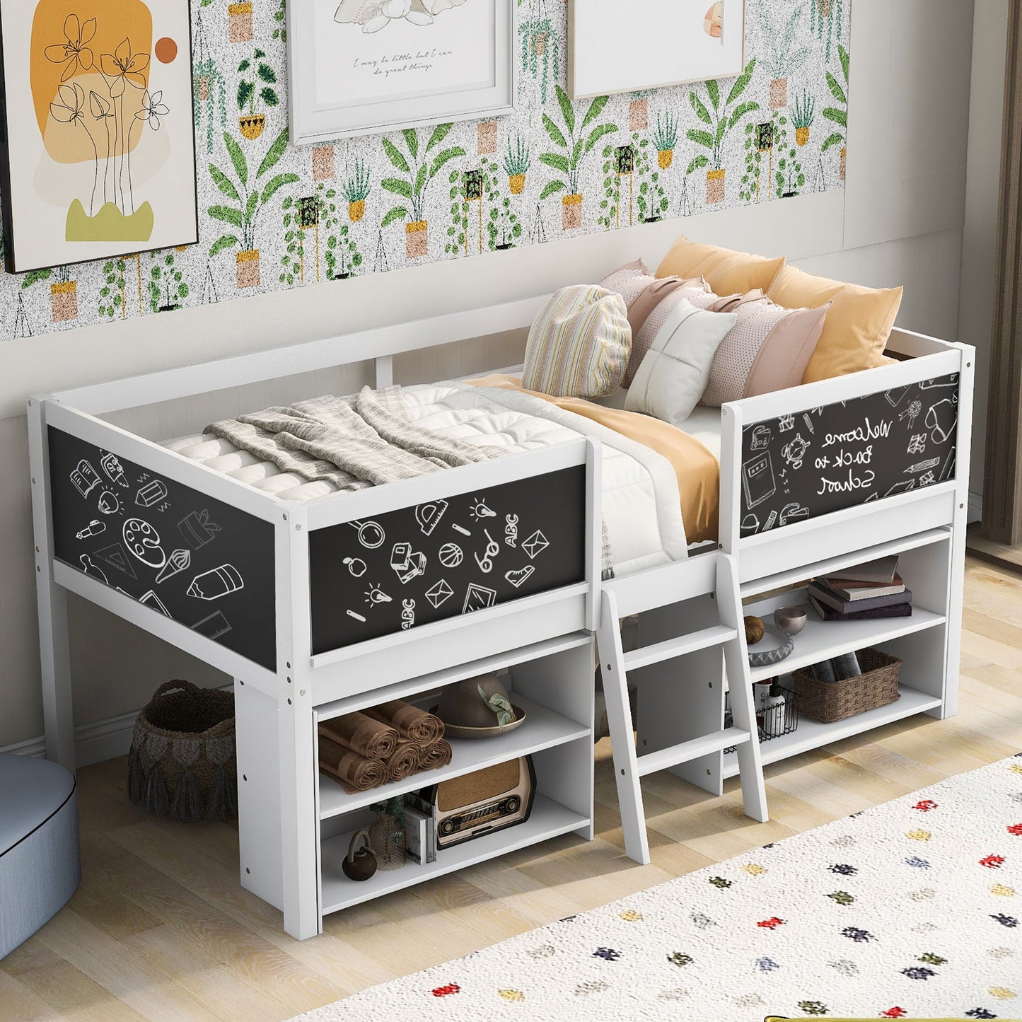 Low Loft Bed With Movable Shelves And Ladder, Decorative Chalkboard Guardrail