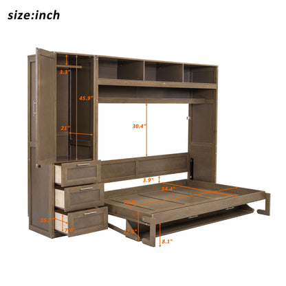 Full Size Murphy Bed With Wardrobe, Drawers, And Open Shelves - Wood