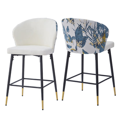 Counter Height Bar Stools (Set of 2), Jacquard Upholstered, Metal Footrest