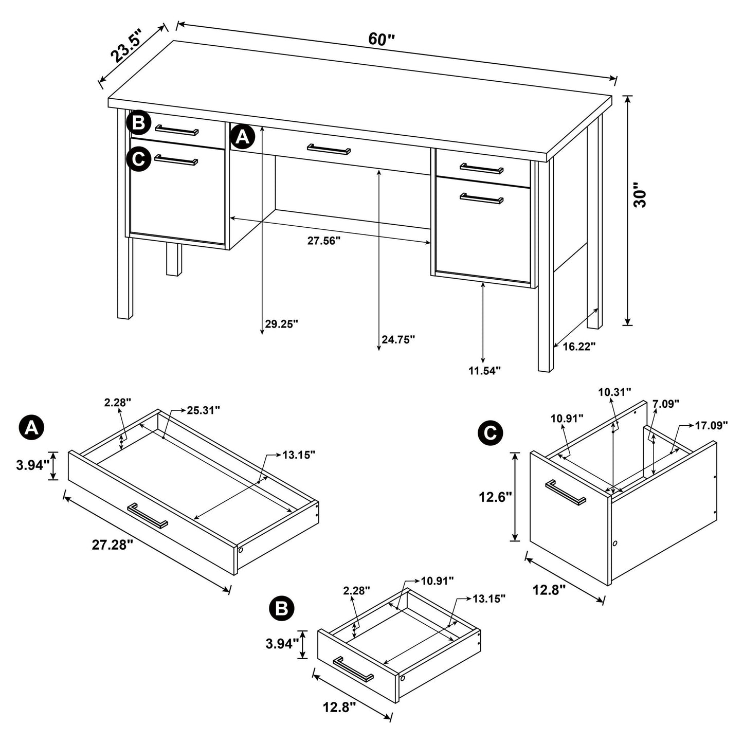 Azura - 4 Drawer Office Desk - Oak