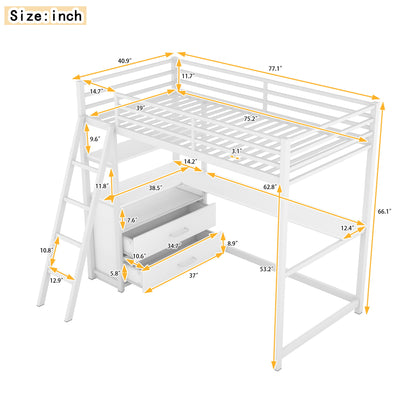 Twin Size Metal & Wood Loft Bed With Desk And Shelves - White