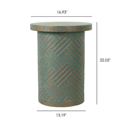 Round Outdoor End Table With Tree Stump Design For Patio - Golden / Green / Peacock
