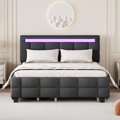 Upholstered Platform Bed With LED Frame, With Trundle And 2 Drawers