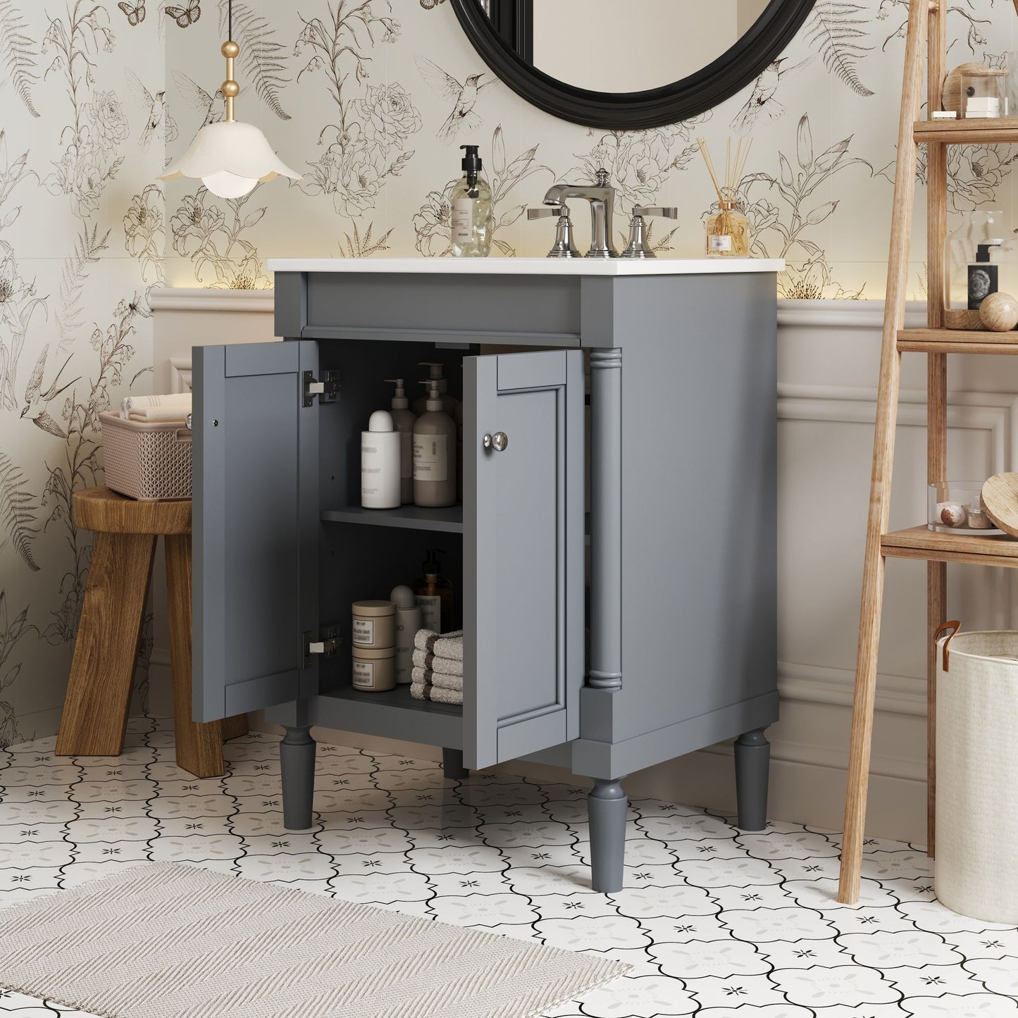 Bathroom Vanity With Top Sink, 2 Tier Storage Cabinet