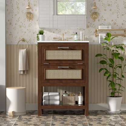 Modern Bathroom Vanity With Integrated Sink, Cabinet With 1 Deep Drawer And 1 Tip-Out Drawer