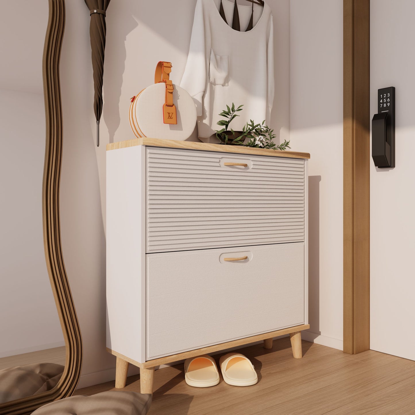 Narrow - Entryway Shoe Storage Cabinet With 2 Flip Drawers Legs - Natural / White