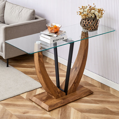 Modern Minimalist Rectangular Glass Table With Tempered Glass Top And Wood Grain Legs For Entrance And Living Room - Transparent