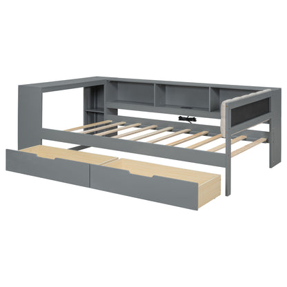 Upholstered Headboard Platform Bed With Storage Shelves, Drawers, Charging Station