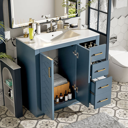 Bathroom Vanity With Sink, Storage Cabinet, Freestanding Set With 3 Drawers & Soft Closing Doors - Indigo