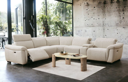 Dayana - Boucle Power Recliner Sectional Sofa For 5 People With Cupholder Console Adjustable Headrest - Beige